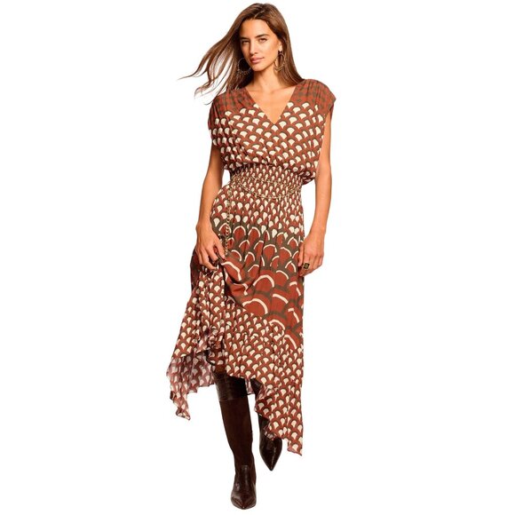 Ramy Brook Dresses & Skirts - Ramy Brook Elie V-Neck Smocked Midi Dress in Amber Retro Large Womens Blouson